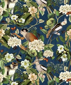 Tropical Life Blue katoenen printstof gordijnstof decoratiestof stof met vogels en apen 1.151030.1255.475